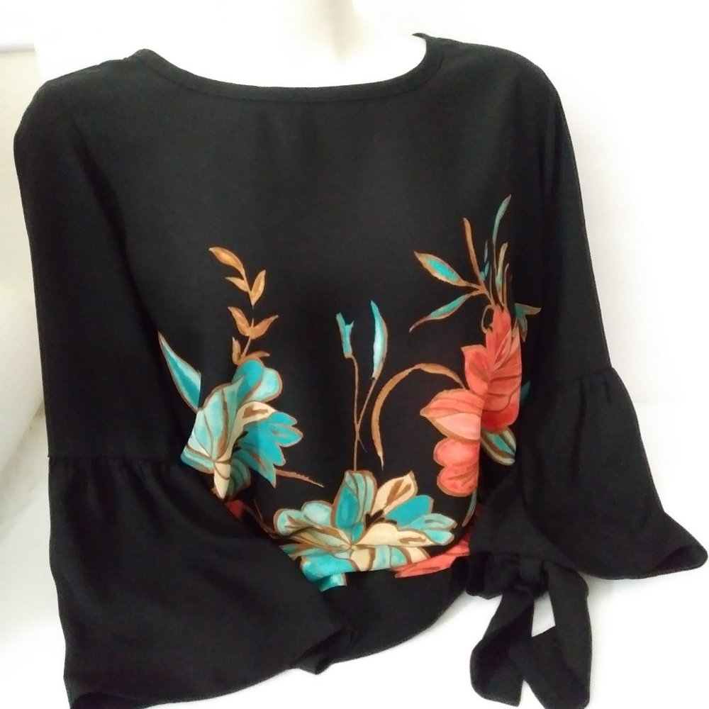 JM Collection Black Floral Blouse 3/4 Sleeve - Picture 8 of 12